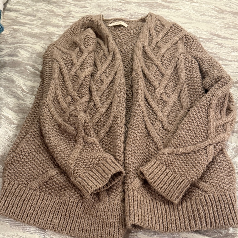 Loft Chunky Cable Knit Open Cardigan Sweater - Taupe medium